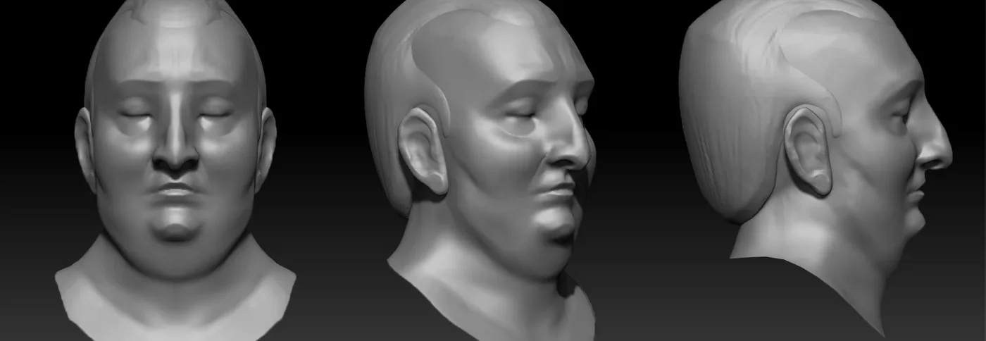 Escultura digital de la cabeza de la victima de Contrapasso, con los ojos cerrados, vistas frontal, de tres cuartos y de perfil