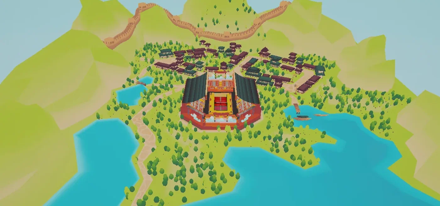 Vista aerea del escenario de padel ambientado en China, con un templo, un lago y montanas