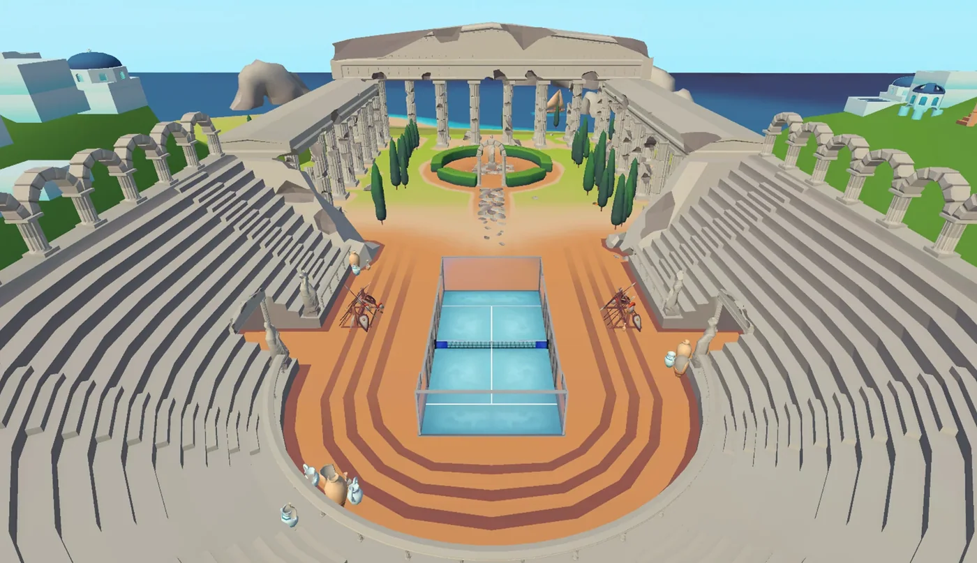 Pista de padel de Padel Pro World Tour ambientada en Grecia, entre columnas clasicas y arquitectura mediterranea