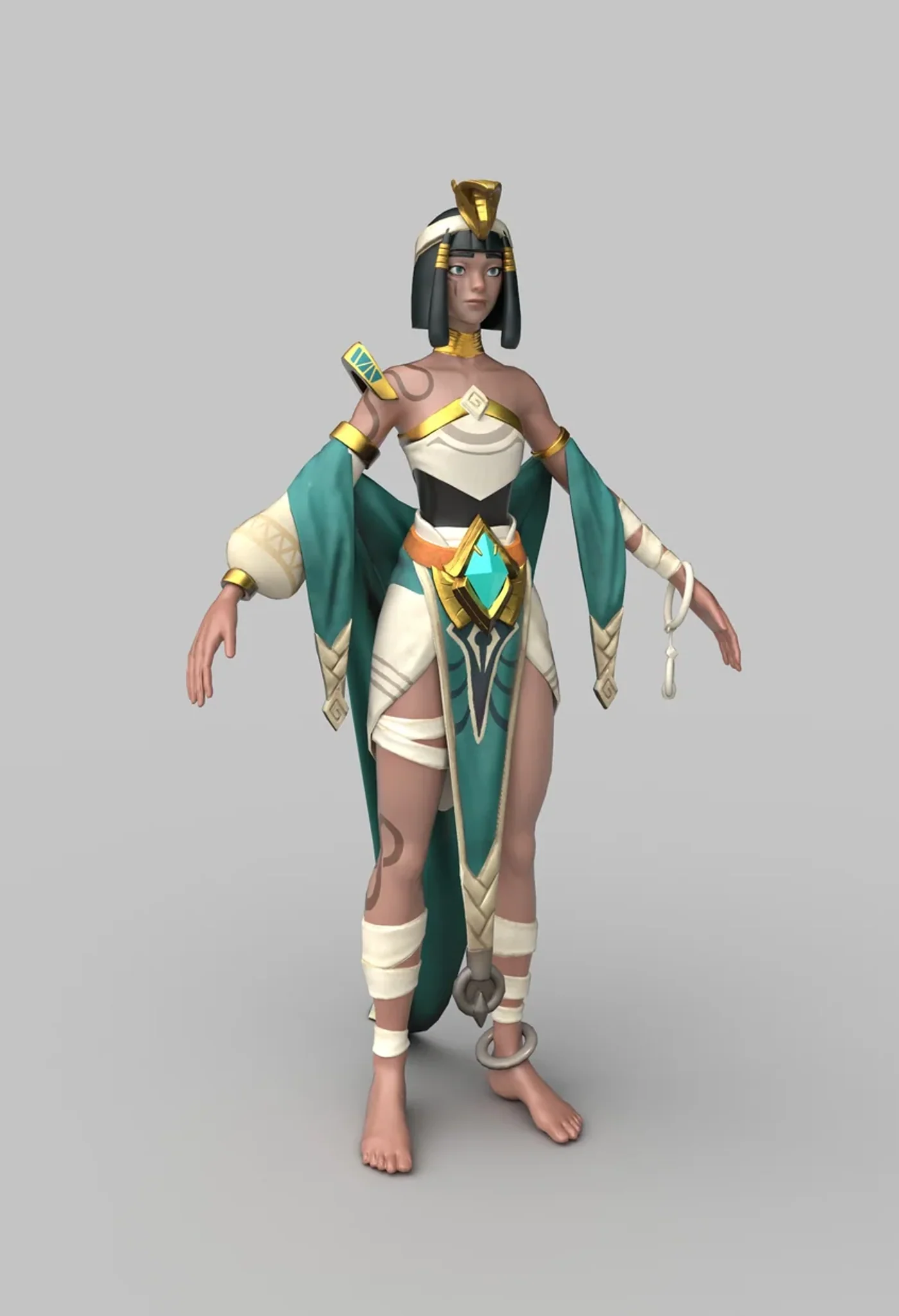 Modelado 3D final de Cleopatra con tocado dorado, armadura egipcia y capa turquesa, inspirado en un concept art de Art Station