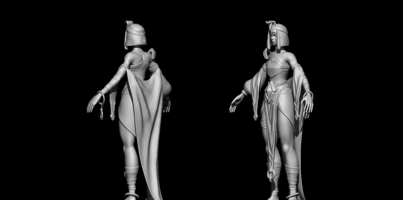 Escultura digital de Cleopatra en Zbrush, vistas trasera y frontal antes del texturizado