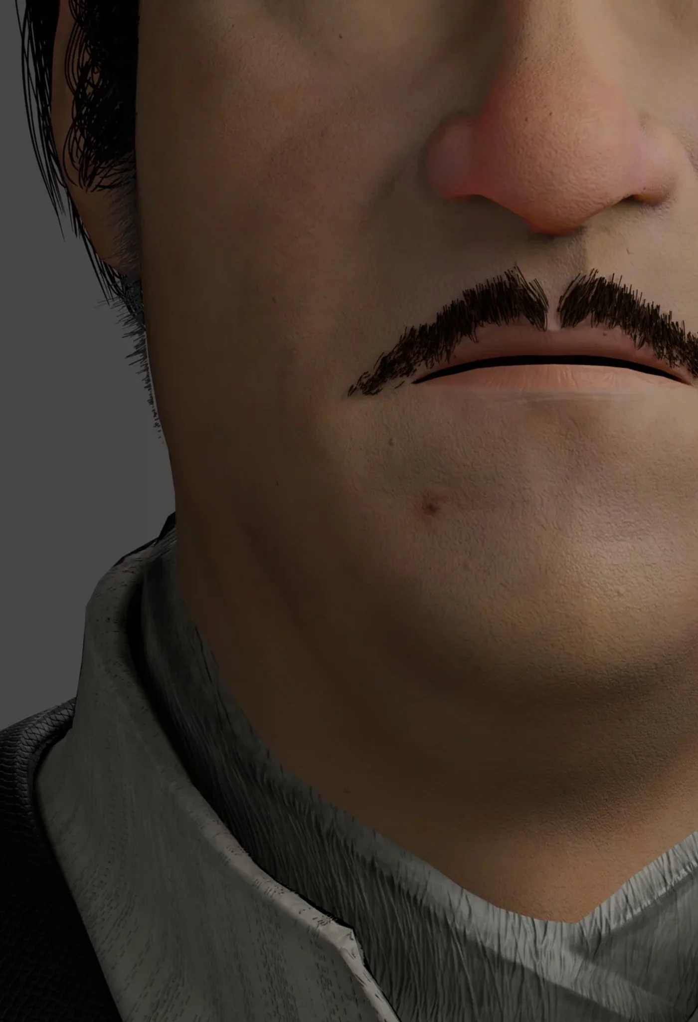 Detalle del texturizado del rostro y el bigote del busto de Shanyun