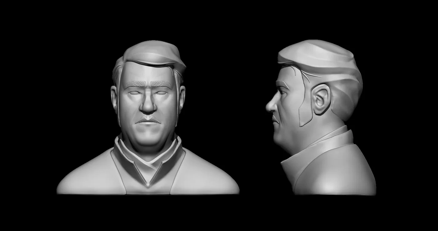 Escultura digital del busto de Shanyun en Zbrush, vista frontal y de perfil
