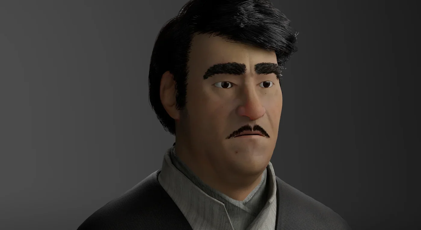 Retrato 3D estilizado de Shanyun, personaje inspirado en Dishonored, con el cabello realizado con fibermesh en Maya