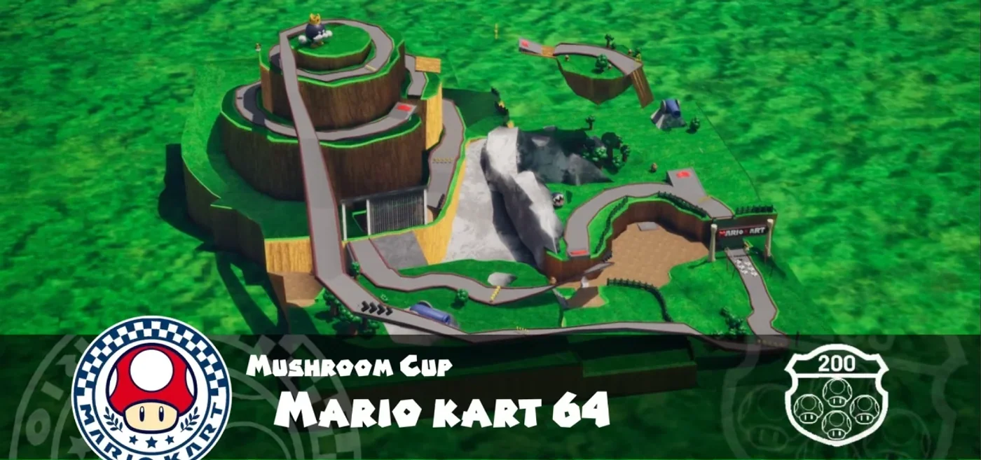 Vista aerea del circuito en espiral de Mario Kart 64, con la interfaz del juego original superpuesta