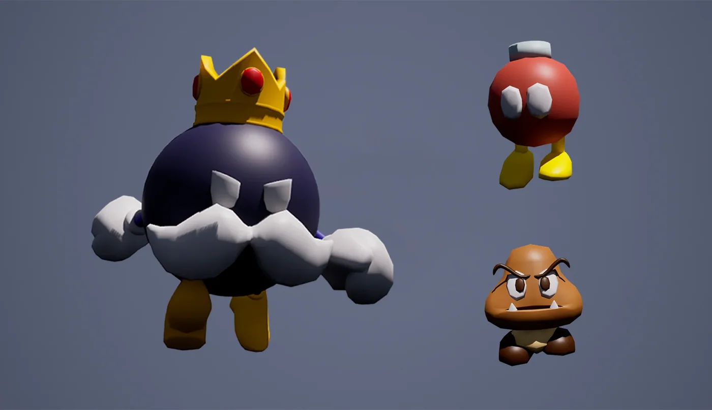 Modelado 3D de personajes de Super Mario 64: el Rey Bob omb, un Bob omb y un Goomba