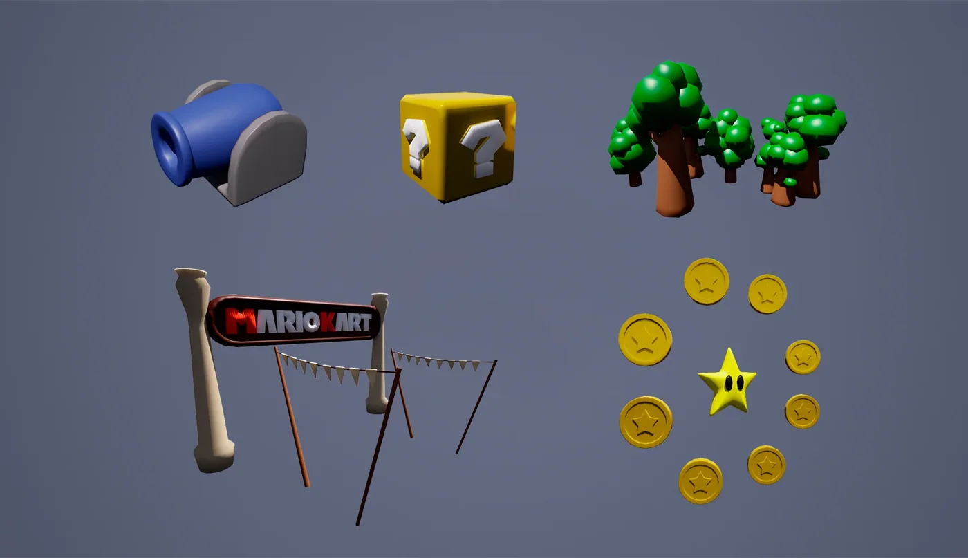 Props modelados para el nivel de Super Mario 64: canon, bloque de interrogacion, arboles, arco de meta y monedas con estrella