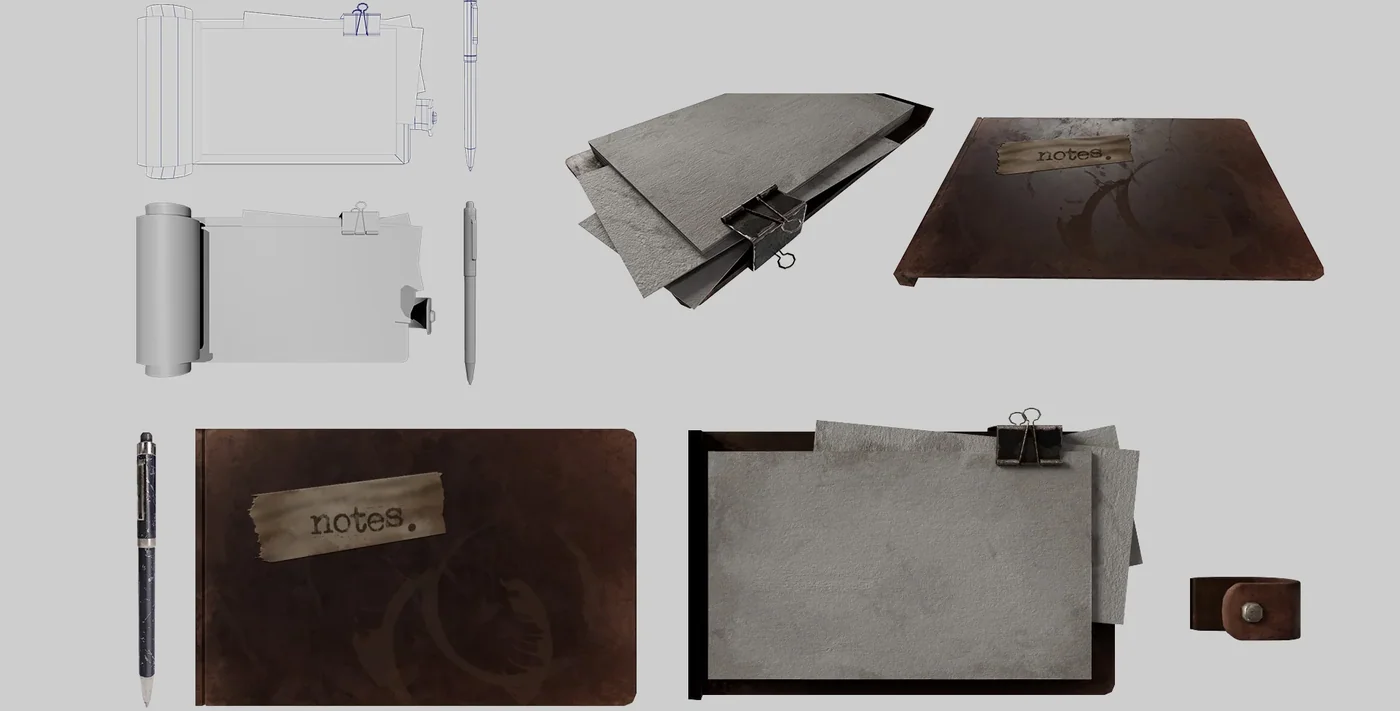 Conjunto de props modelados para Contrapasso: cuaderno de notas de cuero, boligrafo, clip y hojas de papel sueltas