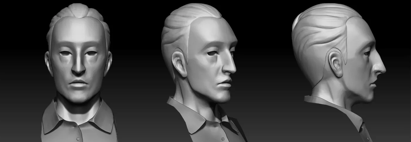 Escultura digital de la cabeza del detective de Contrapasso, vistas frontal, de tres cuartos y de perfil