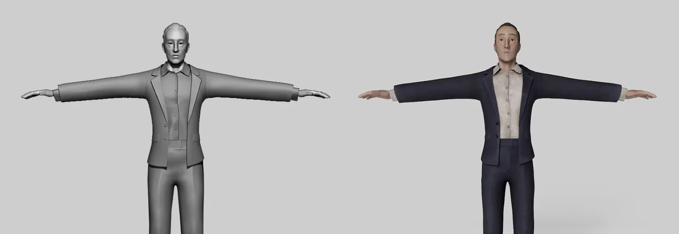 Modelado 3D del detective protagonista de Contrapasso en pose de T, con traje y camisa, de la escultura base a la version texturizada