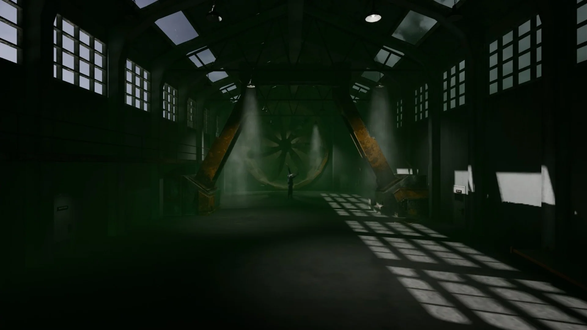 Interior de la fabrica de Contrapasso en Unreal Engine, con estructura industrial oxidada y luz entrando por los ventanales