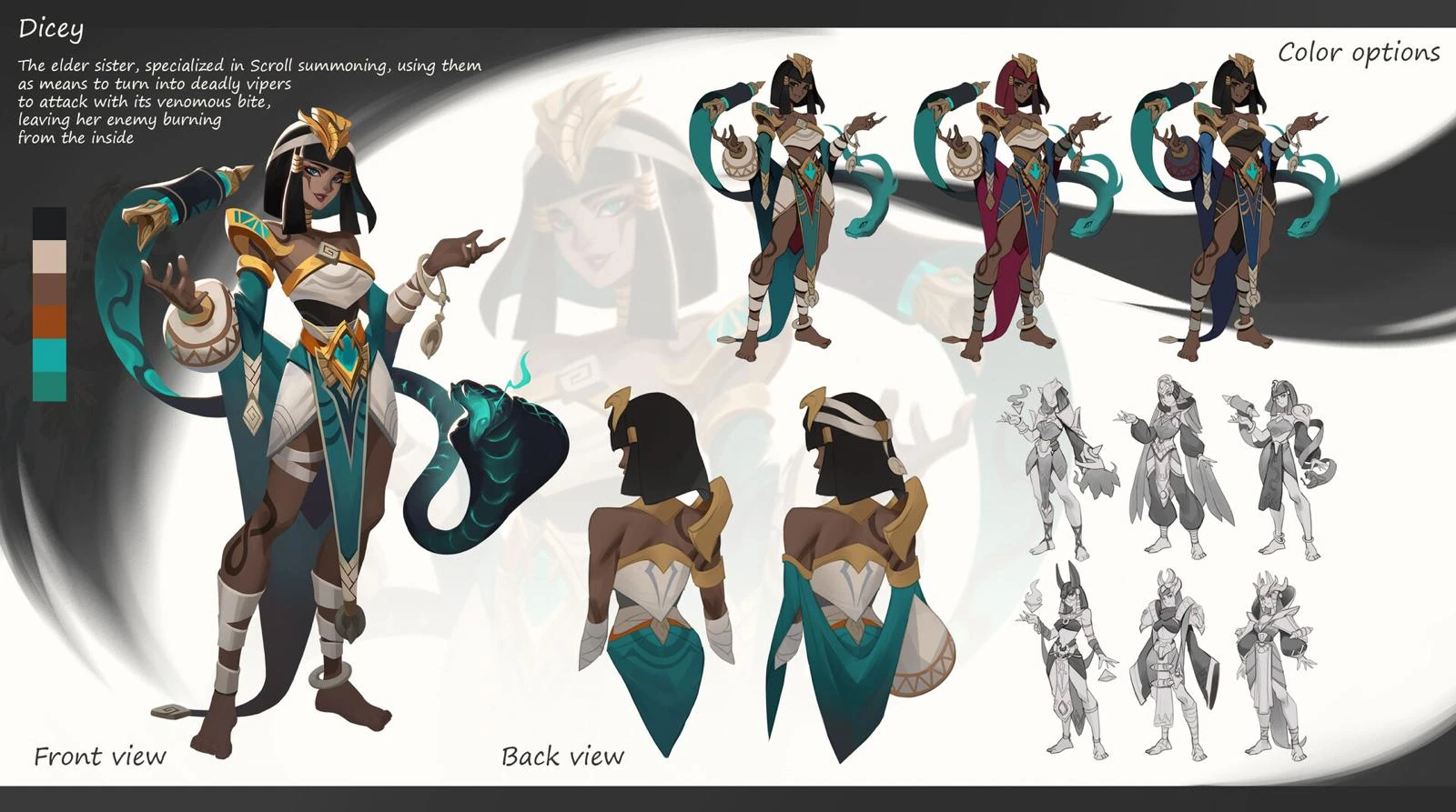 Concept art de referencia del personaje Dicey, con vistas frontal y trasera y paleta de color