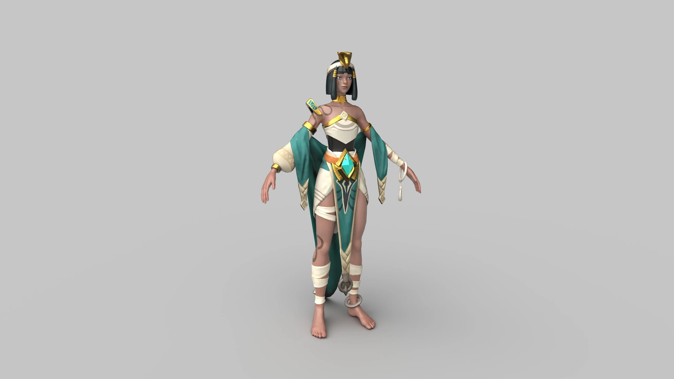Modelado 3D final de Cleopatra texturizado, con tocado dorado, armadura y capa turquesa