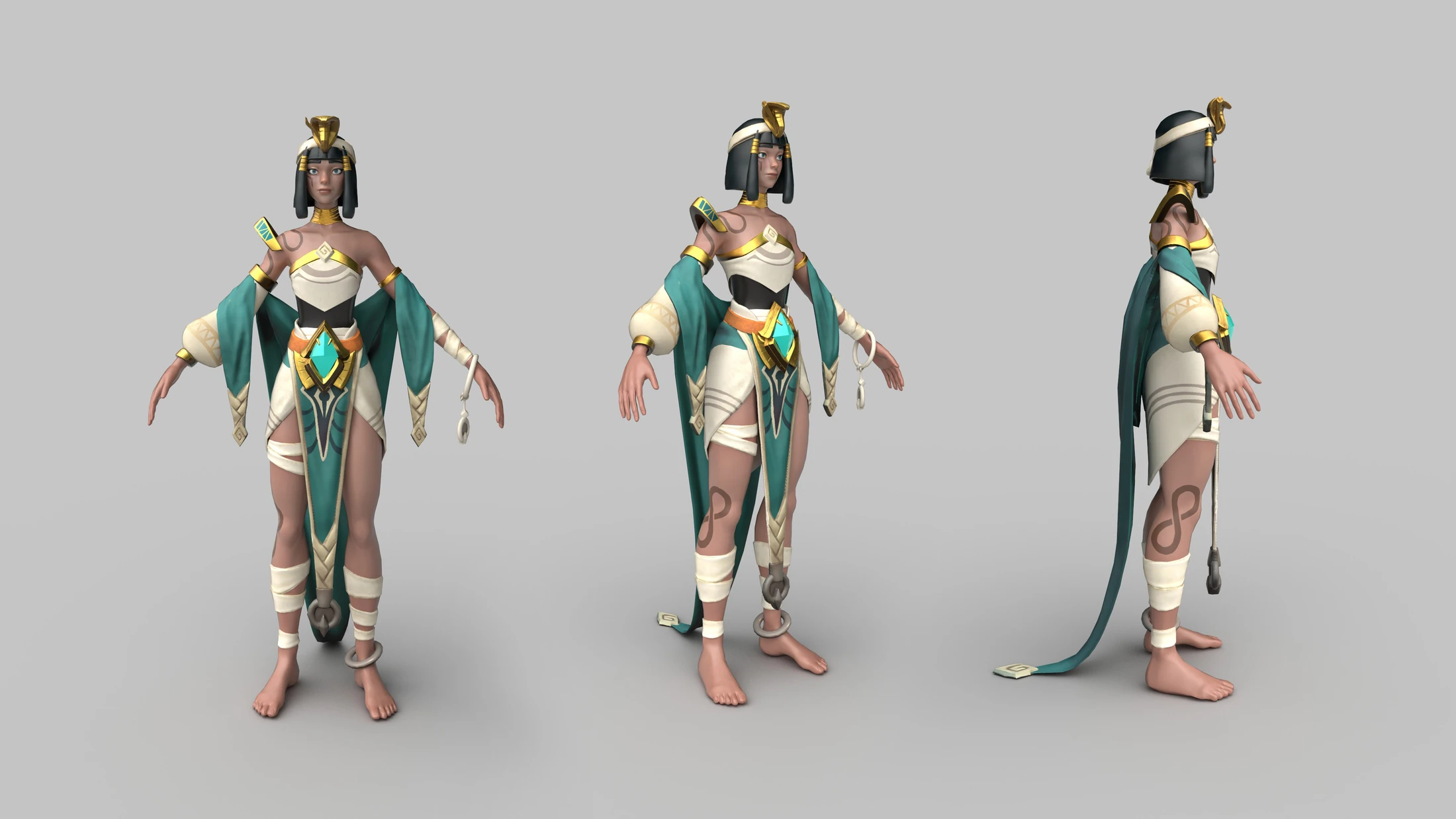 Modelado 3D texturizado de Cleopatra en tres vistas: frontal, de tres cuartos y trasera