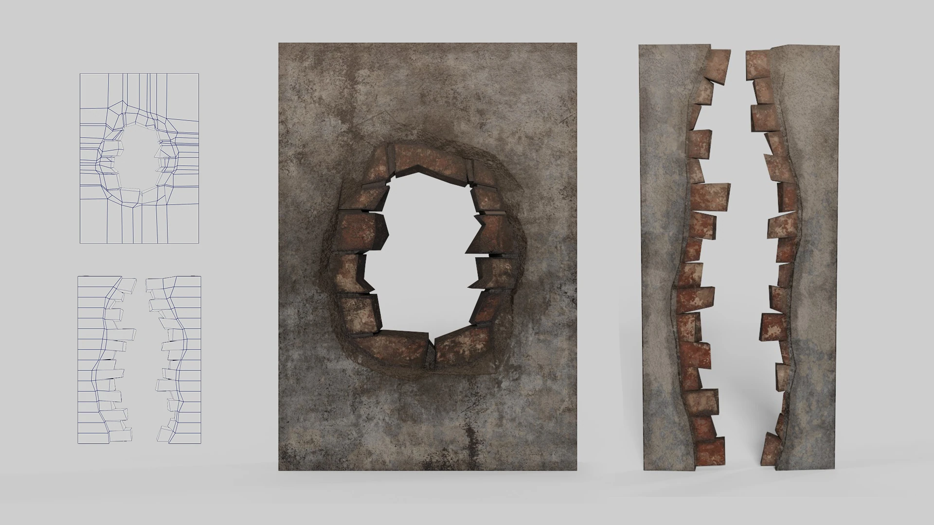 Modelado 3D de un muro agrietado con un agujero para Contrapasso