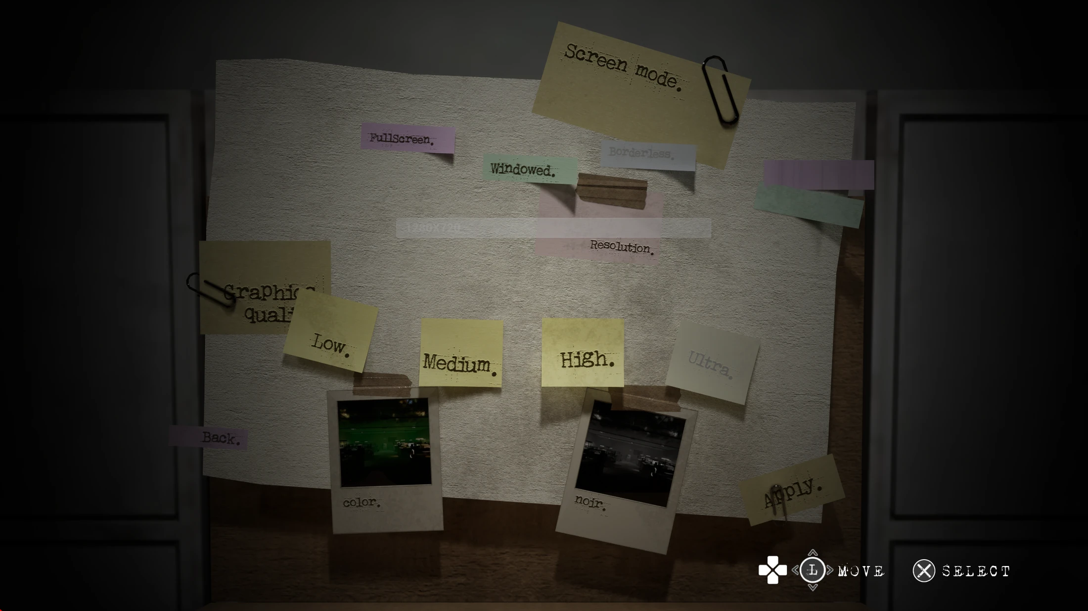 Menu de opciones del videojuego Contrapasso, con ajustes graficos y capturas en color y blanco y negro