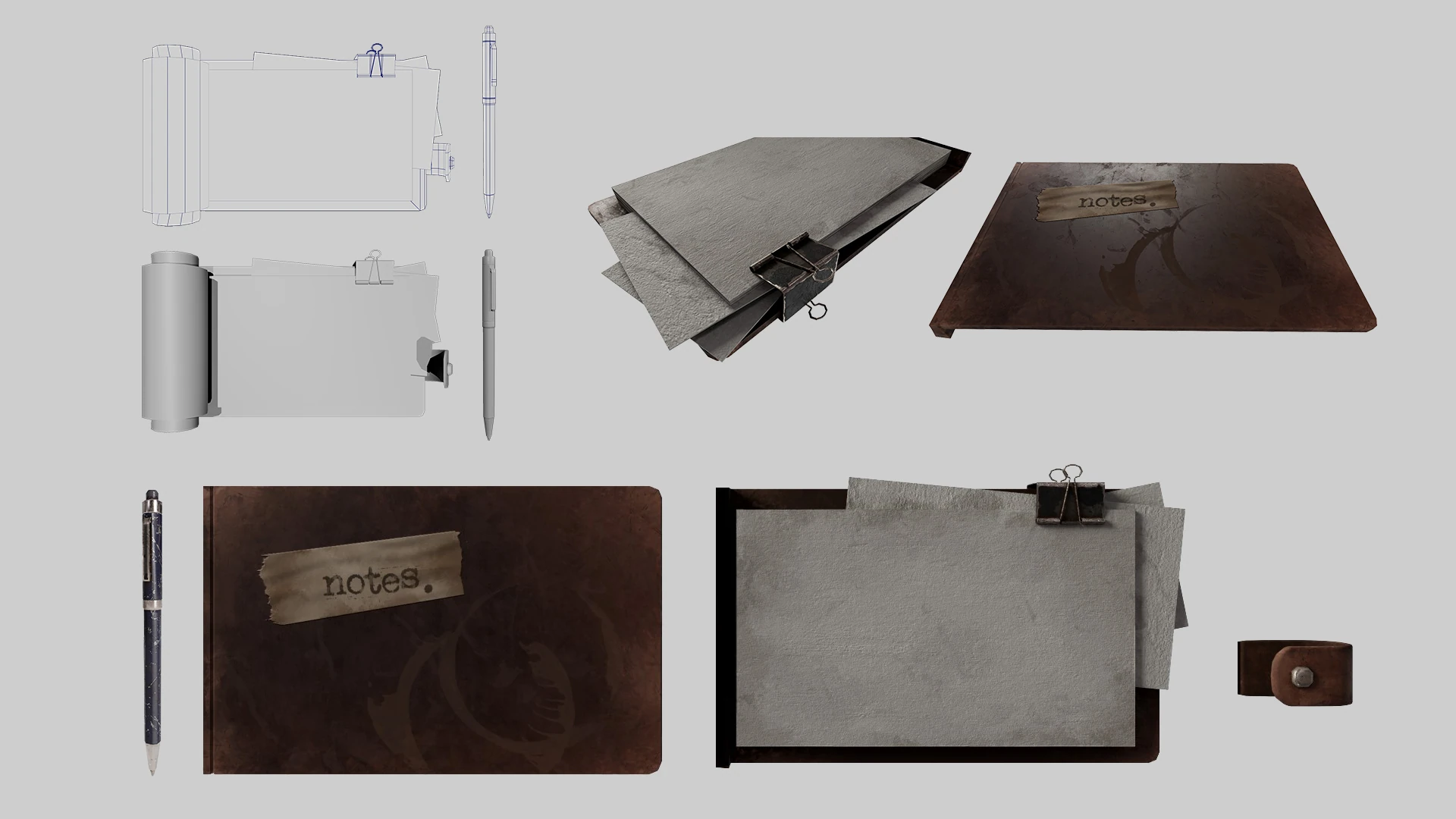 Modelado 3D de un cuaderno de notas de cuero y boligrafo para Contrapasso