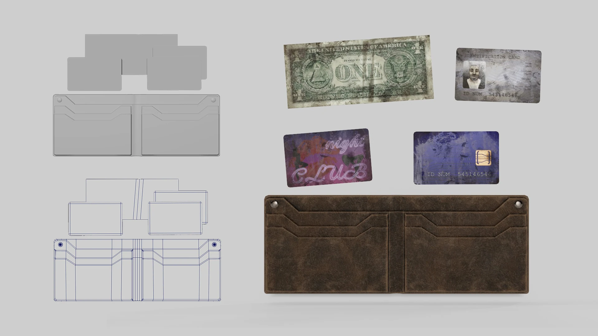 Modelado 3D de una cartera, billete y tarjetas para Contrapasso