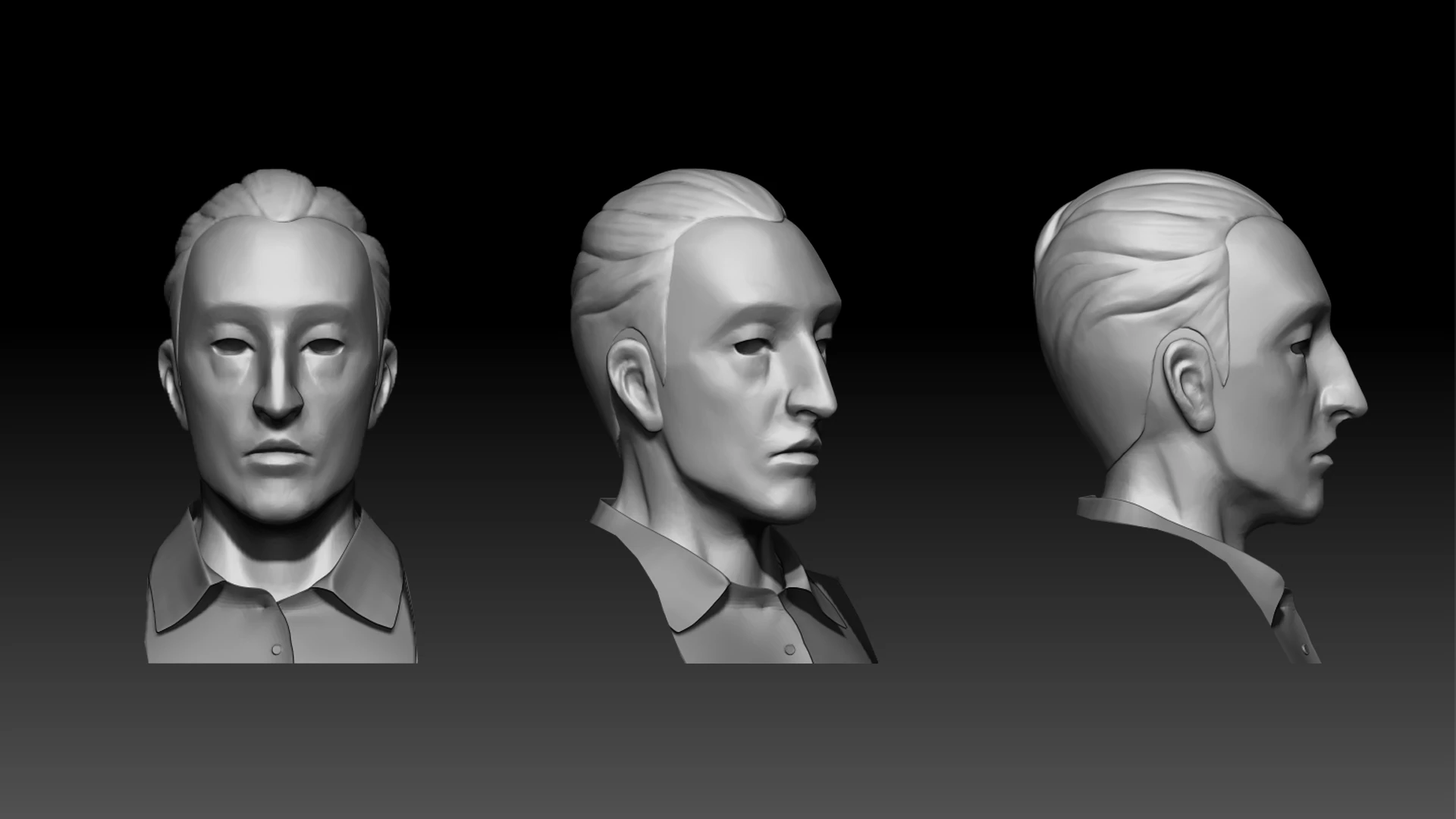 Escultura digital de la cabeza del detective de Contrapasso, vistas frontal, de tres cuartos y de perfil