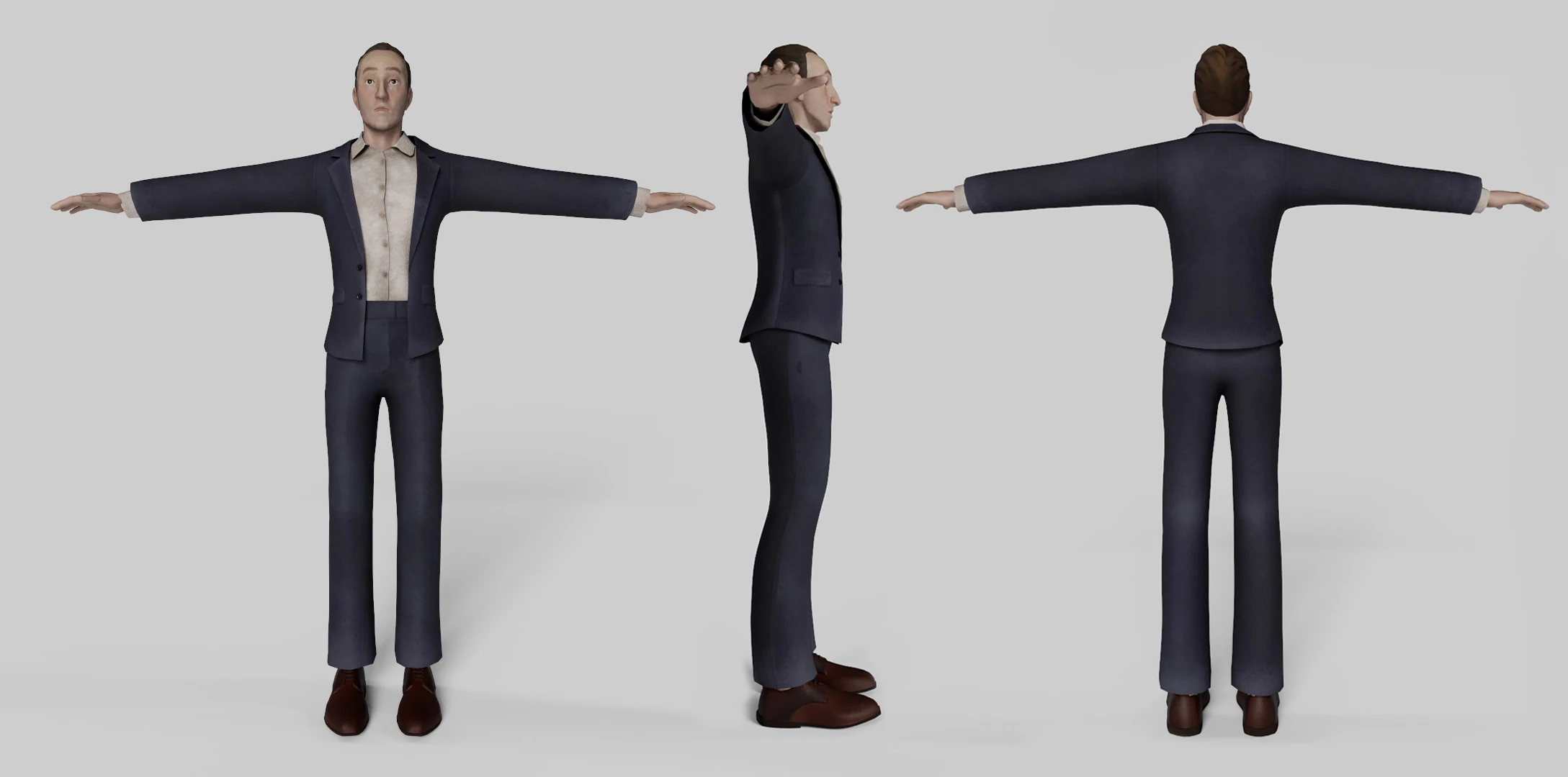 Modelado 3D texturizado del detective de Contrapasso con traje, en tres vistas