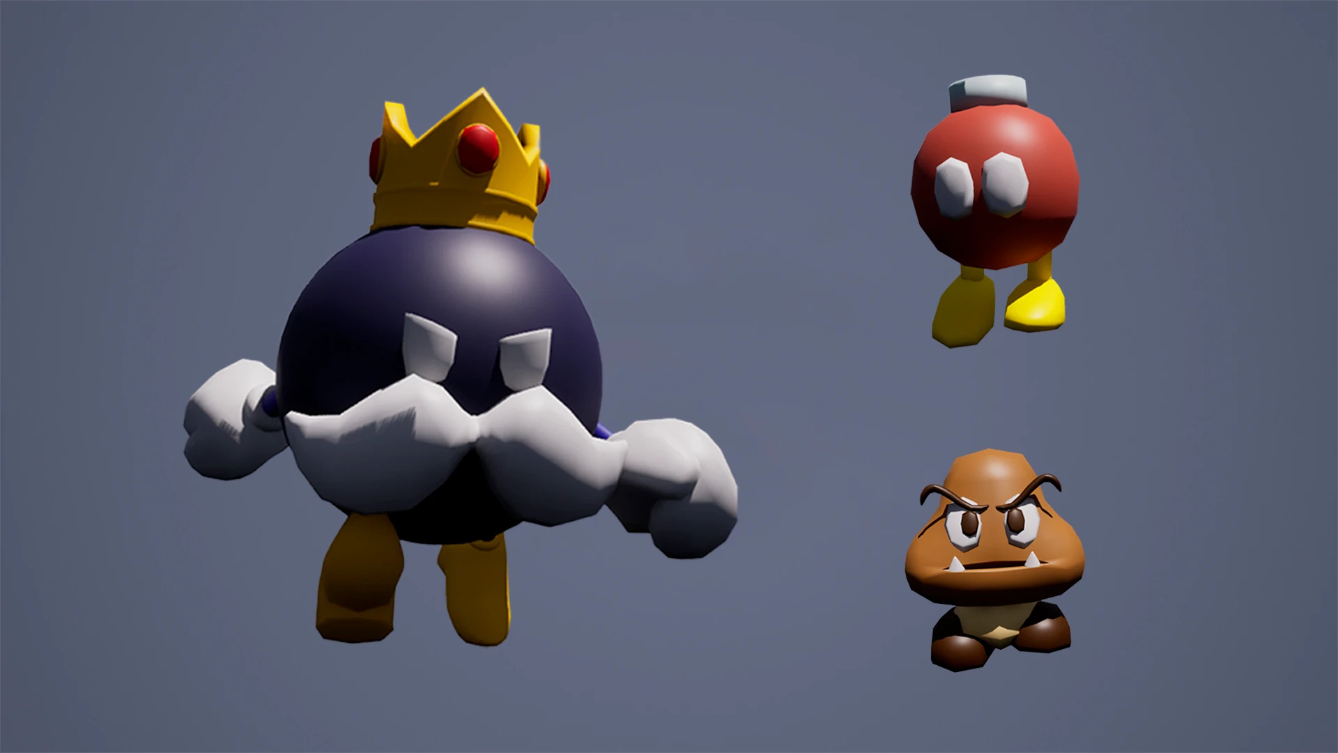Modelado 3D del Rey Bob omb, un Bob omb y un Goomba