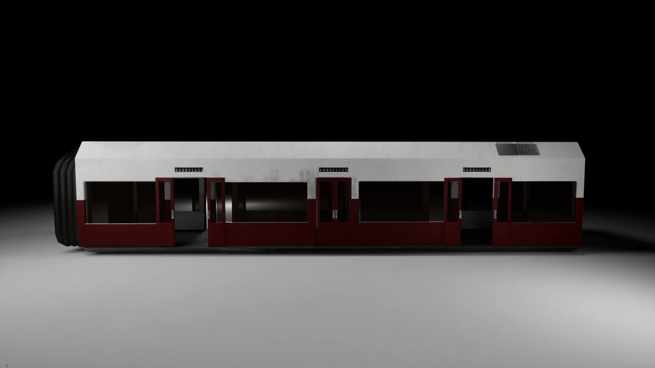 Modelado 3D de un tren de metro completo visto de lado, en rojo y blanco