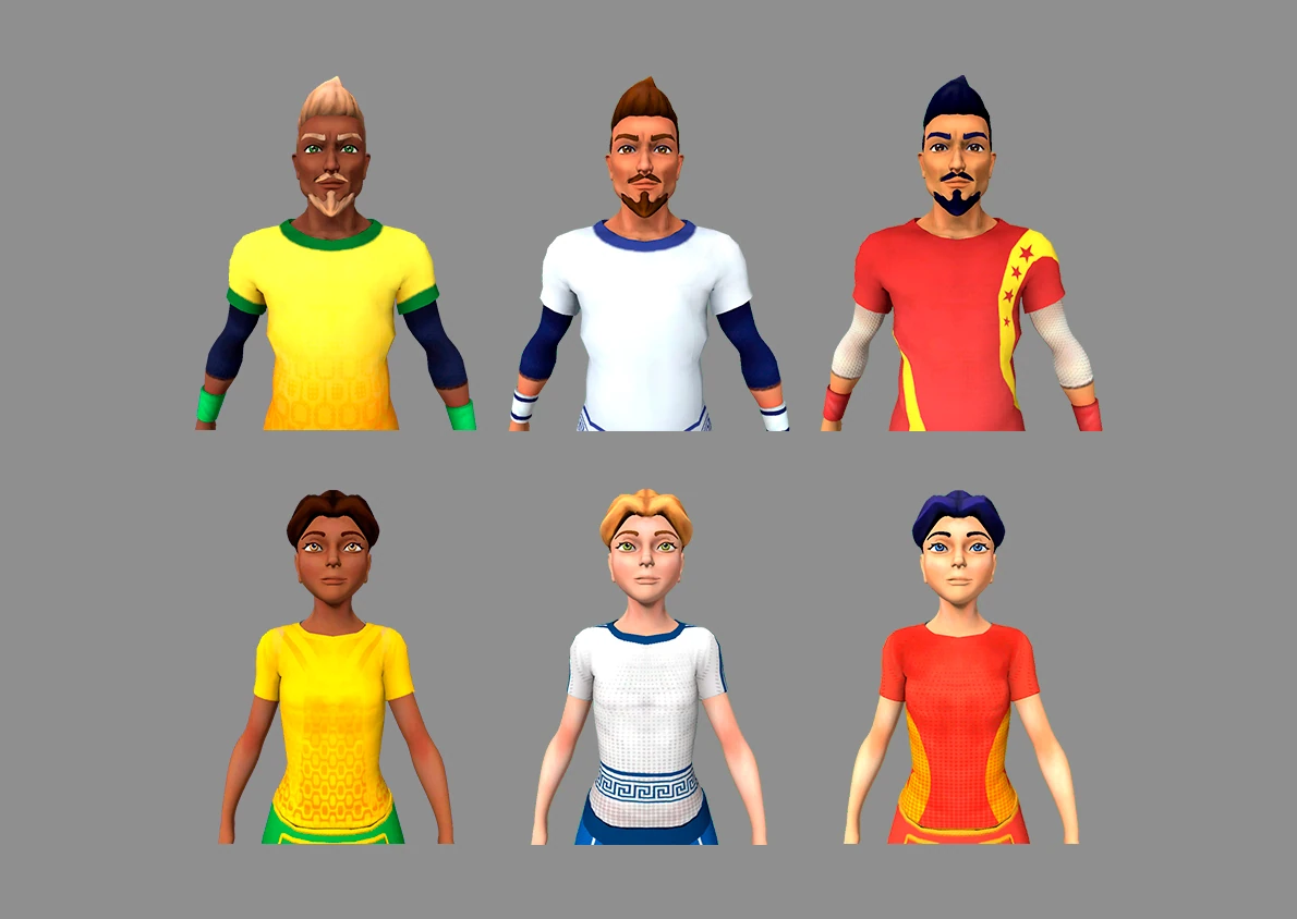 Modelado 3D de seis personajes jugadores para Padel Pro World Tour, con camisetas de distintos paises