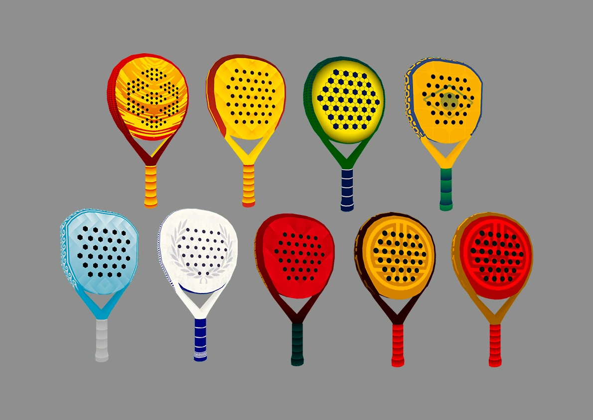 Modelado 3D de mas palas de padel con distintas variaciones de color para Padel Pro World Tour