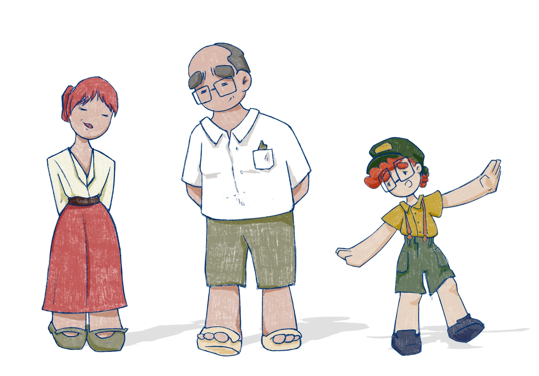 Diseno de los tres personajes de la animacion: la madre, el abuelo y el nino