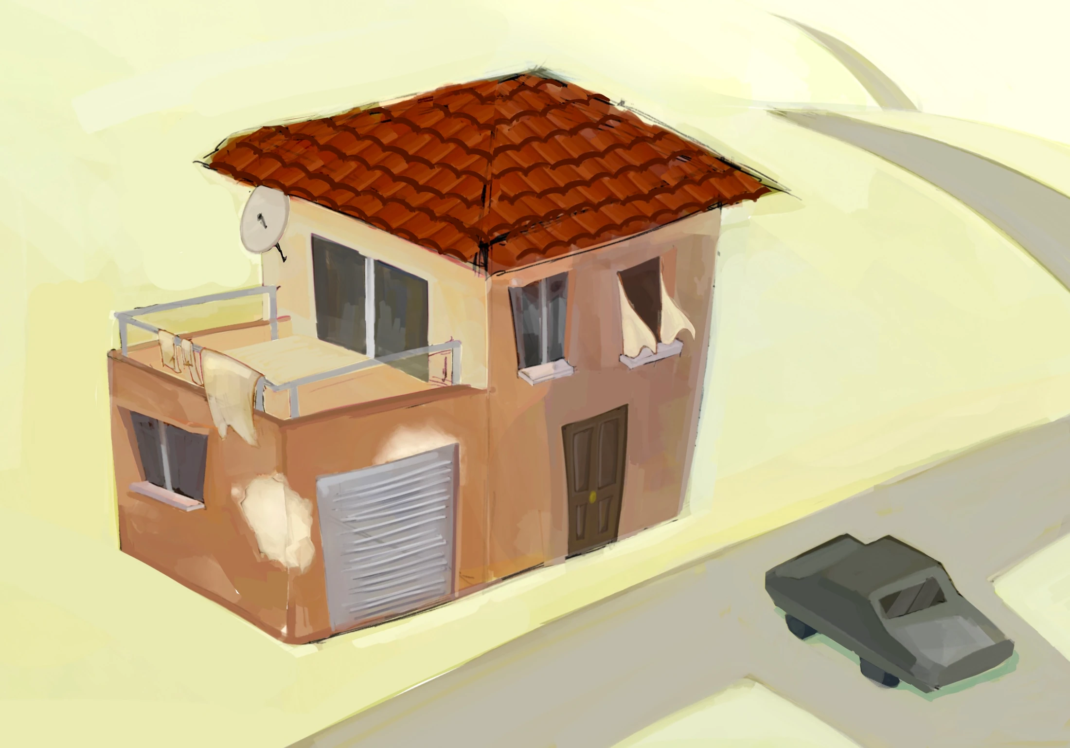 Concept art del escenario de la animacion: la casa familiar con tejado de teja