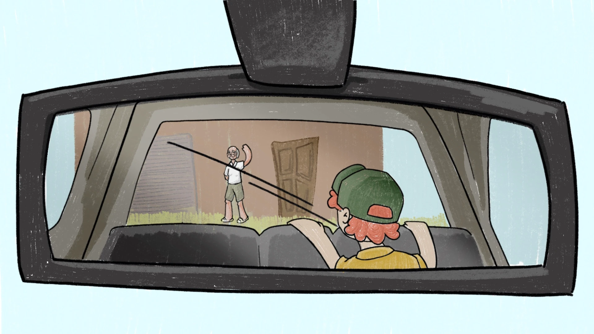 Keyframe de la animacion: el nino mirando por el retrovisor mientras se despide