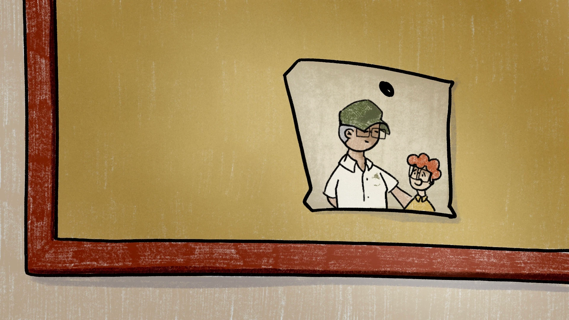 Keyframe de la animacion: una foto del padre y el nino colgada en la pared