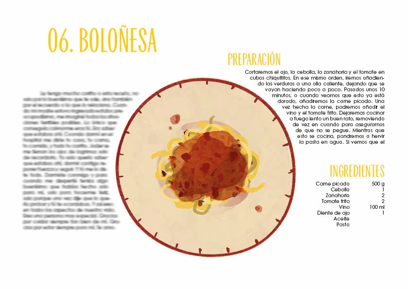 Pagina del recetario con la receta de bolonesa ilustrada, con el texto censurado
