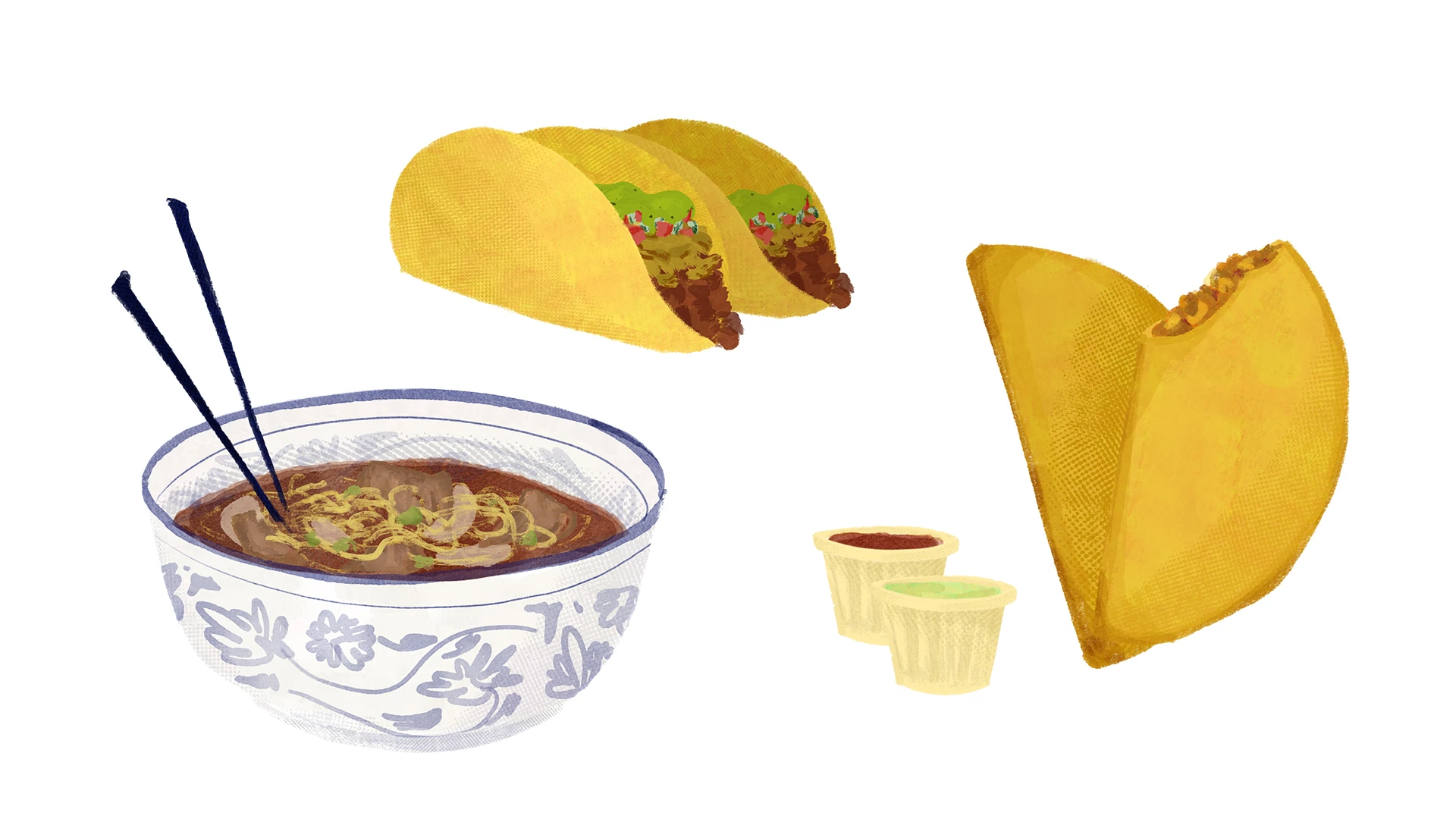 Ilustraciones del recetario: un cuenco de ramen, tacos, salsas y una empanada