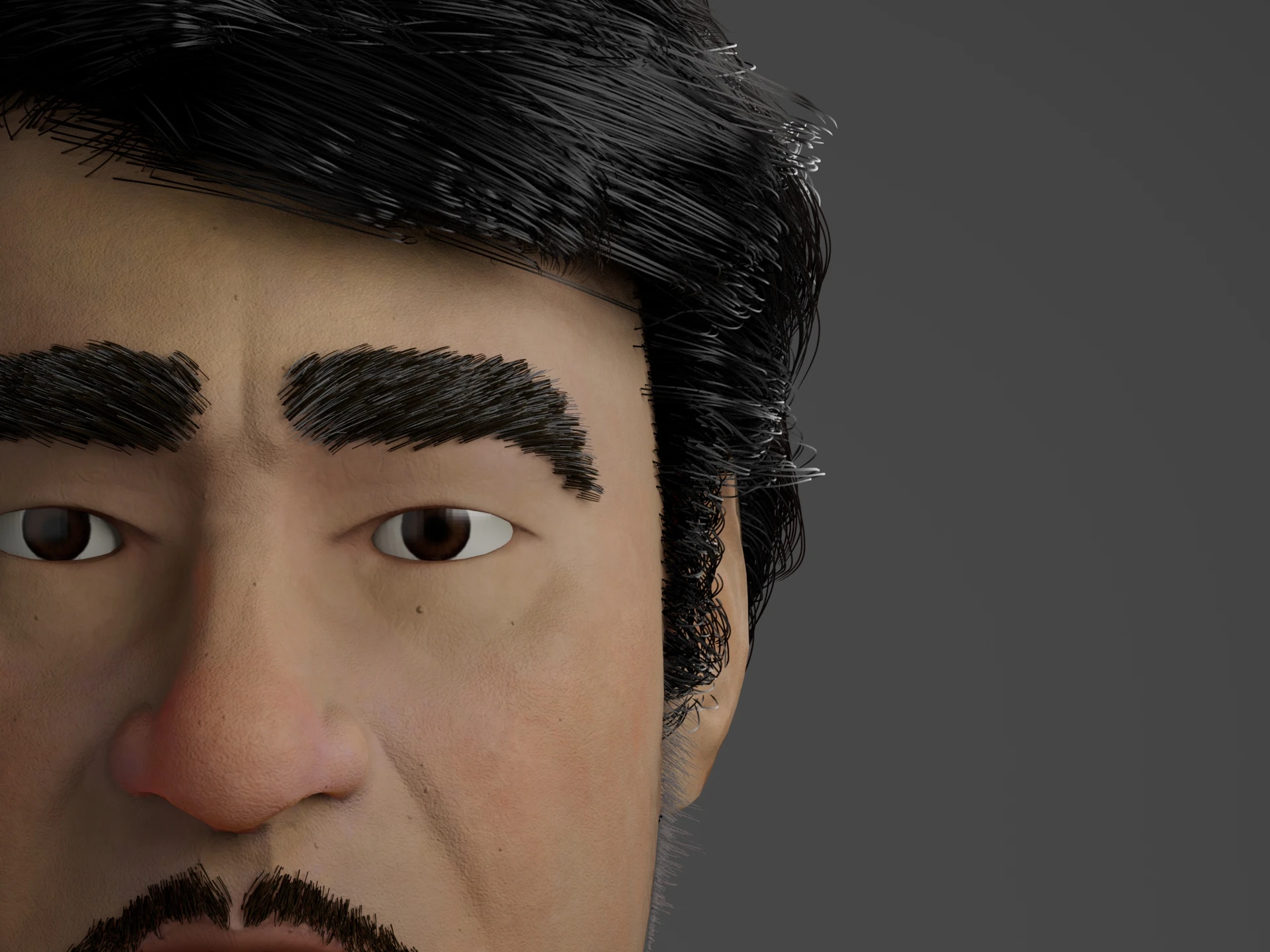 Detalle de los ojos y las cejas de Shanyun, con el pelo realizado con fibermesh