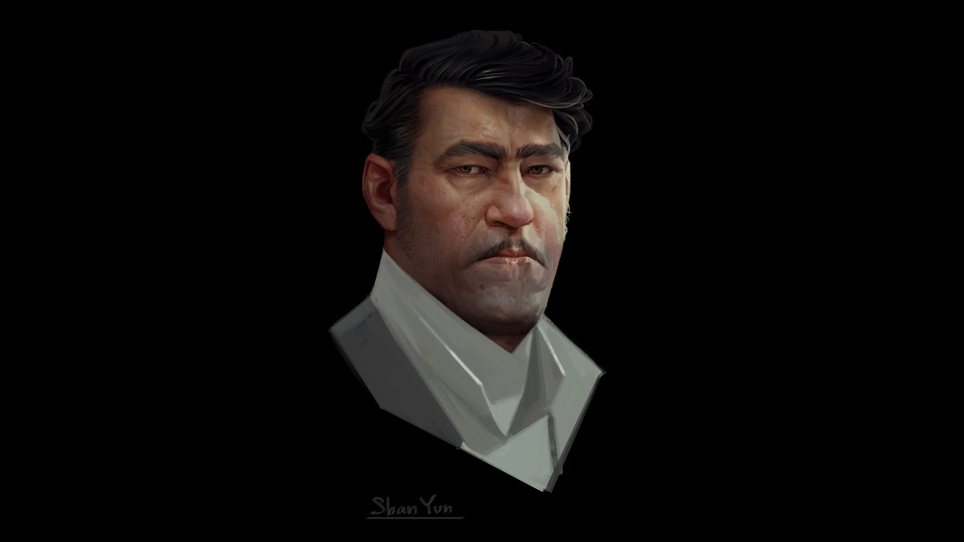 Concept art de referencia del personaje, ilustrado por Sergey Kolesov