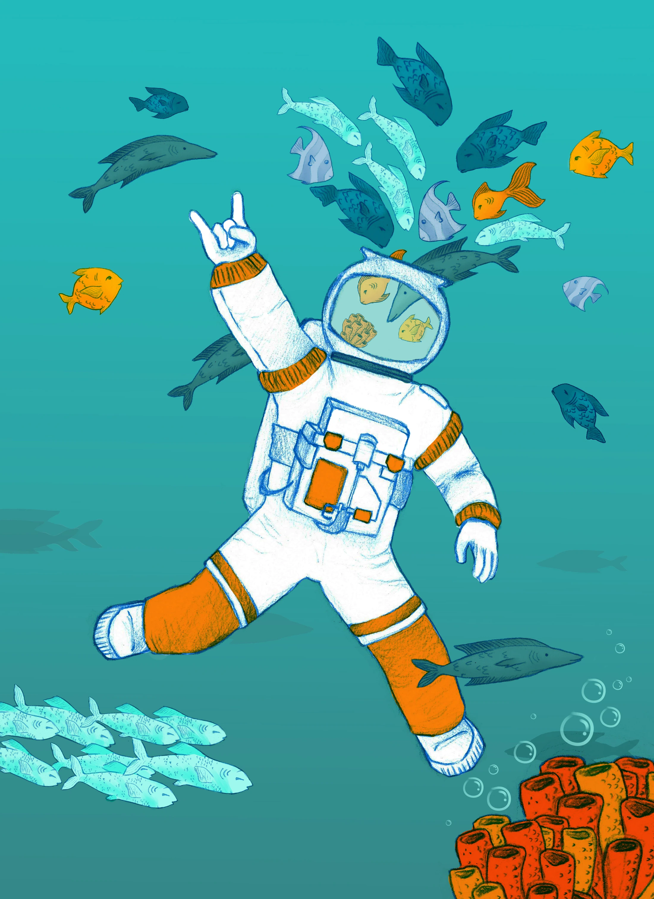 Ilustracion de un astronauta flotando bajo el agua rodeado de peces