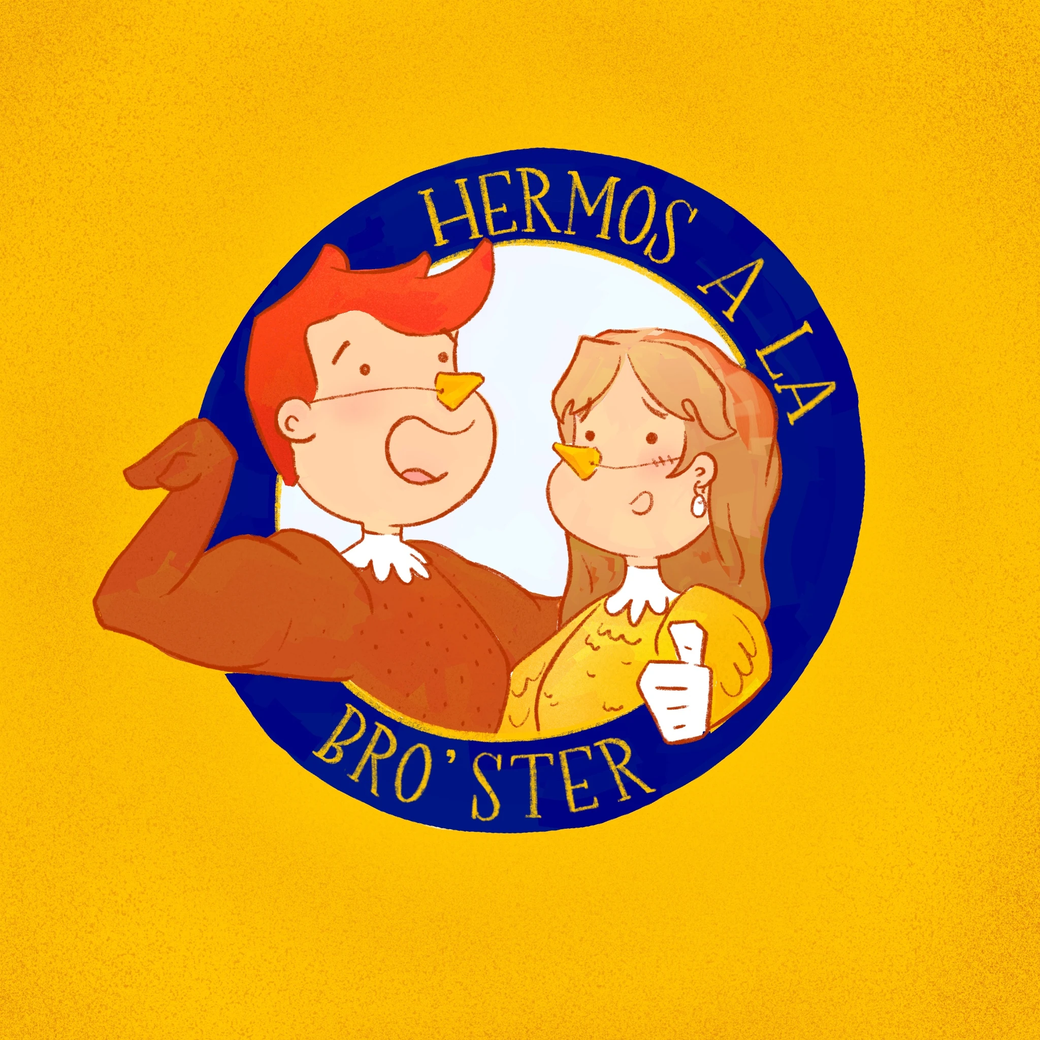 Logotipo ilustrado Hermos a la Bro'ster, con dos personajes con pico de pollo sobre fondo amarillo