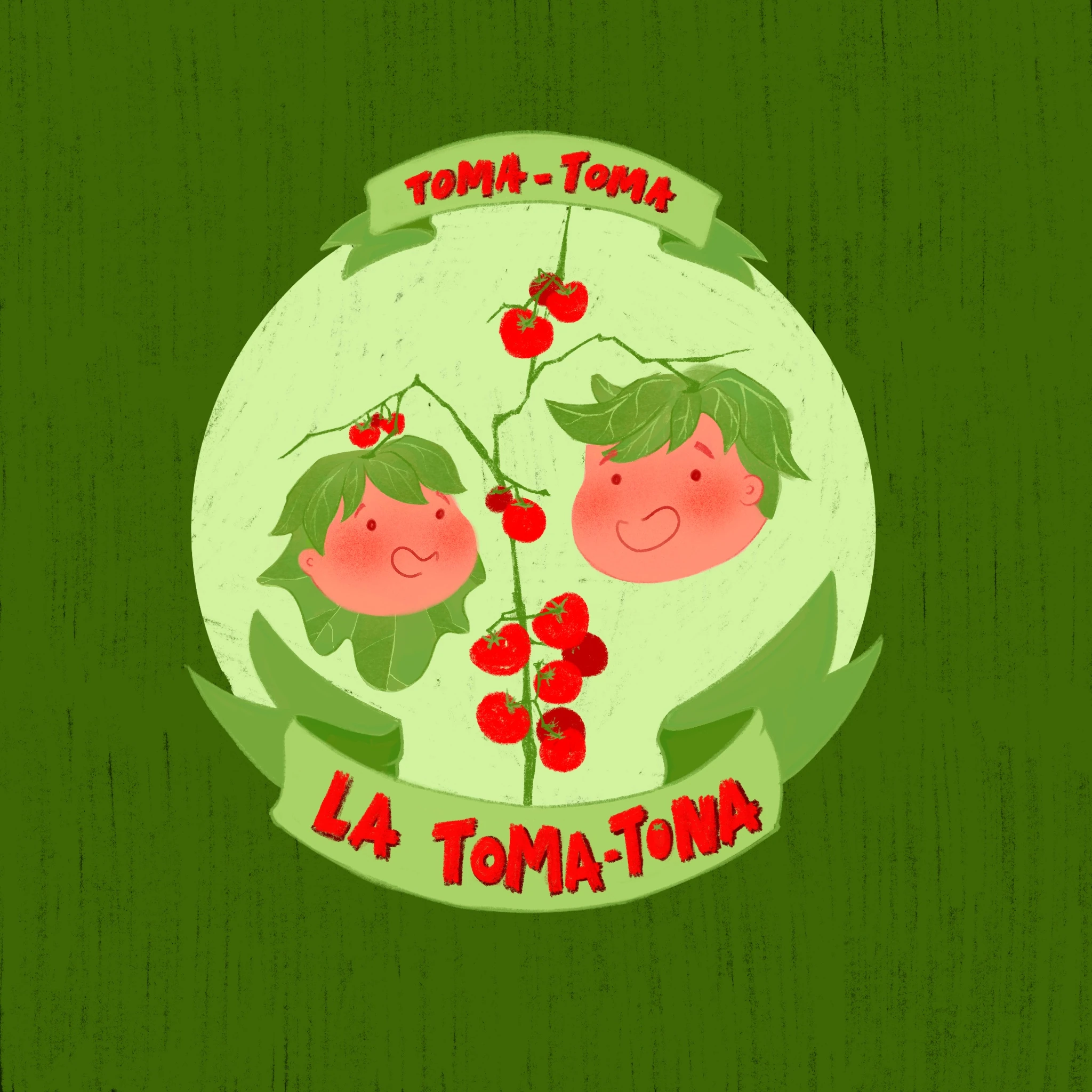 Logotipo ilustrado La Toma-Tona, con dos personajes tomate sobre fondo verde