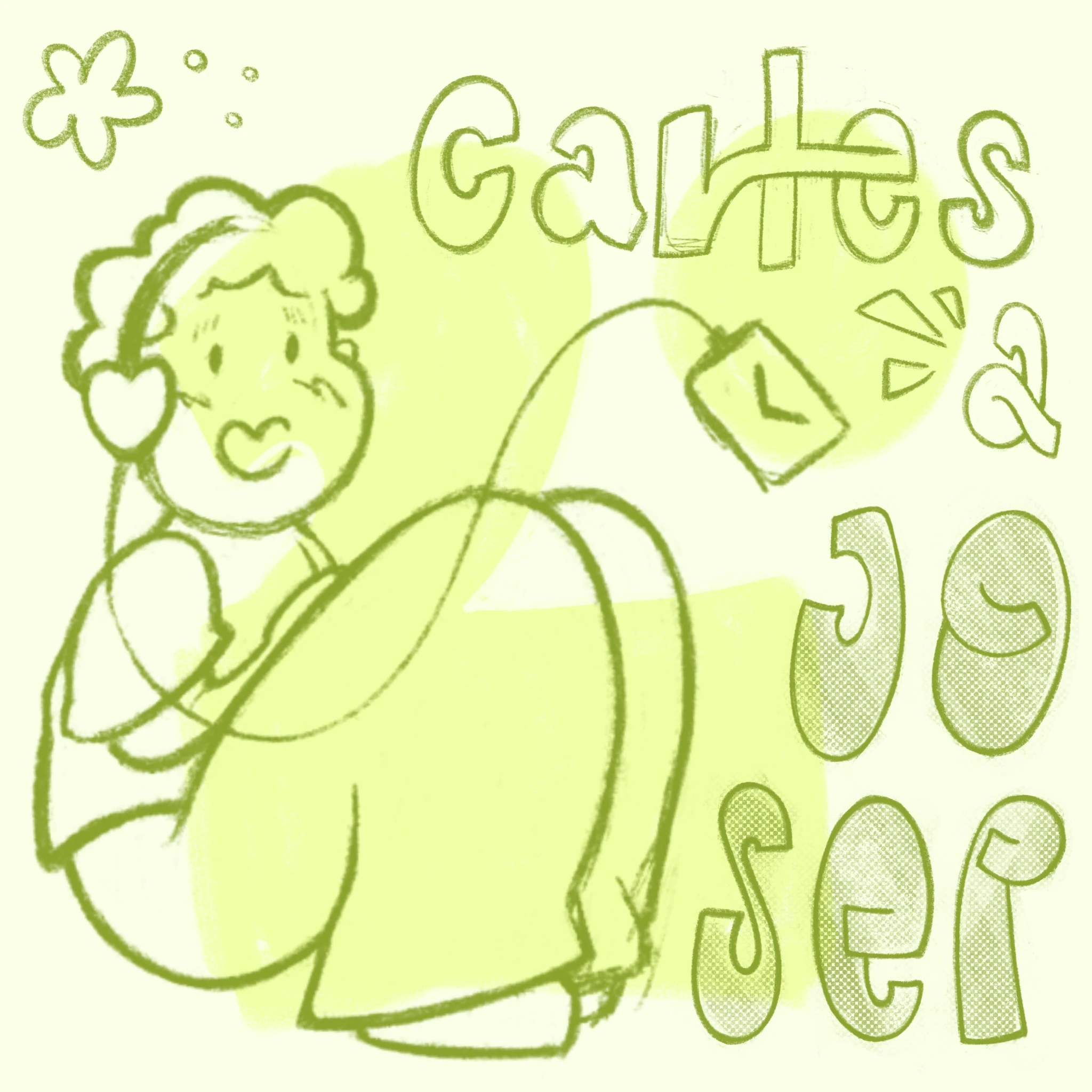 Ilustracion en tonos verdes titulada Cartas a Josep, con una mujer mayor sentada