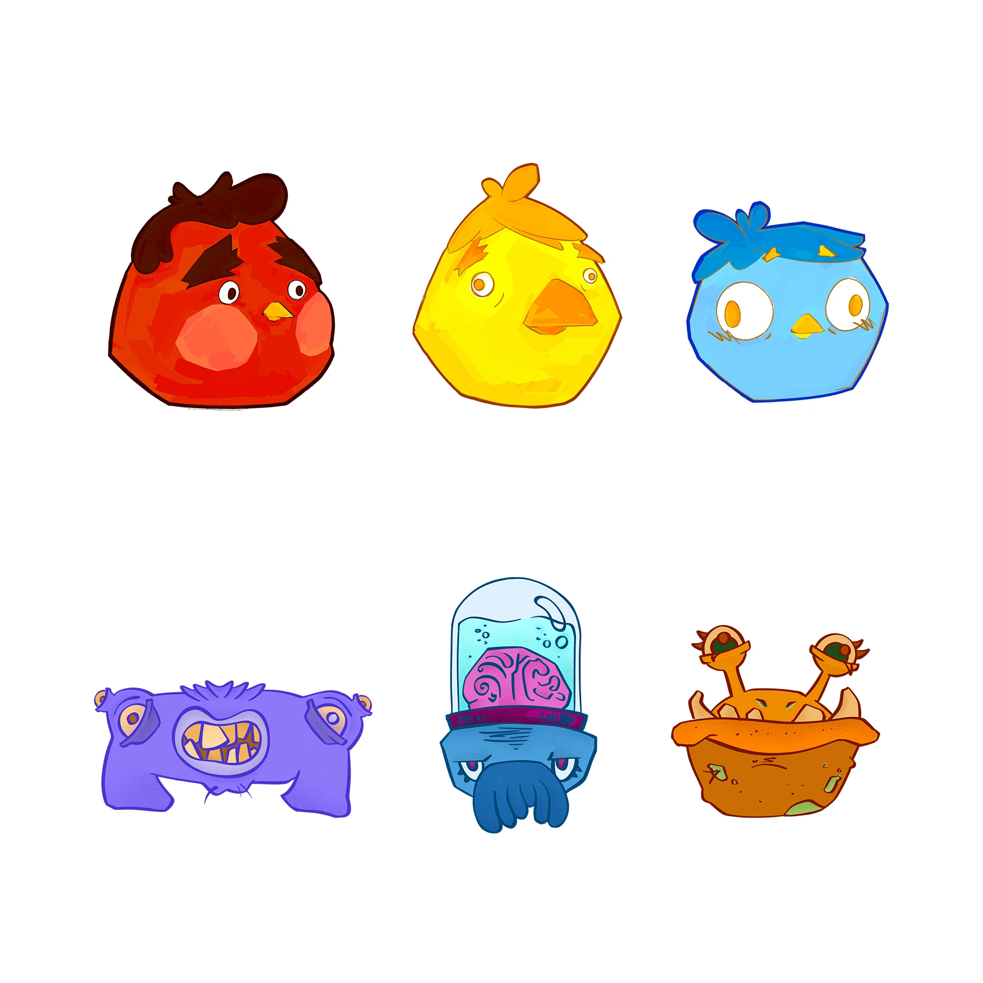 Seis criaturas de diseno para minijuegos: pajaros de colores y monstruos
