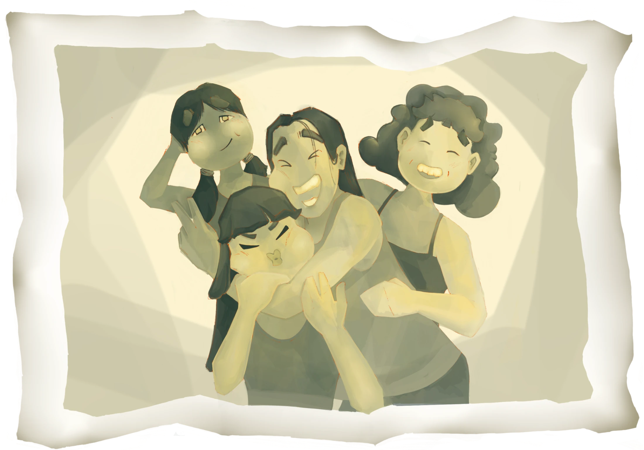 Ilustracion con aspecto de foto antigua de cuatro amigas riendo juntas