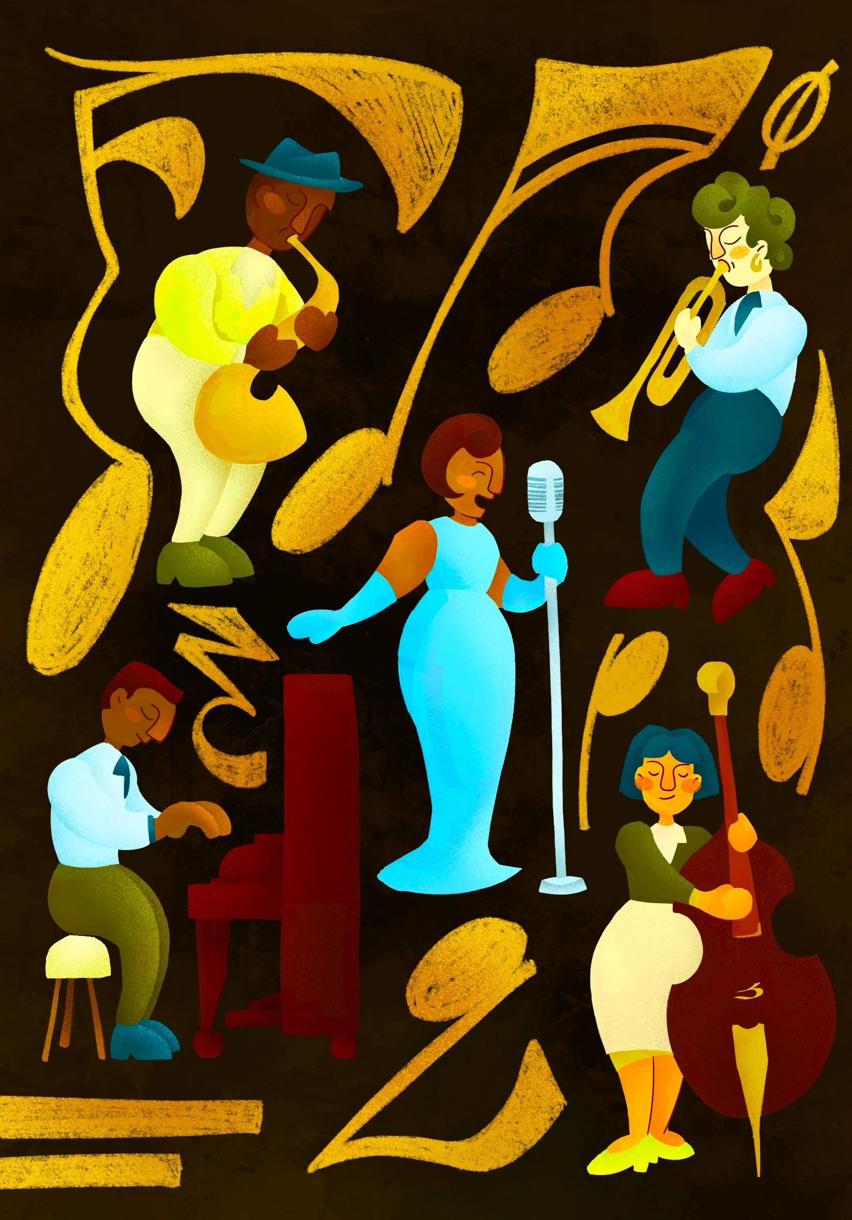 Ilustracion de una banda de jazz sobre fondo oscuro, con cantante, saxofon, trompeta, piano y contrabajo
